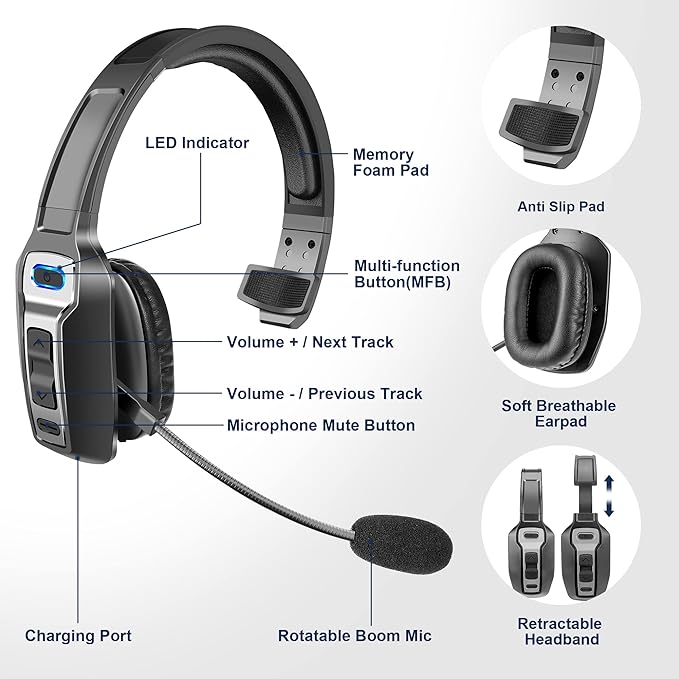 Trucker Bluetooth Headset, V5.2 Wireless Headset with Upgraded Microphone AI Noise Canceling, On Ear Bluetooth Headphone with Mute for Driver Office Call Center