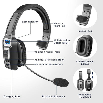 Trucker Bluetooth Headset, V5.2 Wireless Headset with Upgraded Microphone AI Noise Canceling, On Ear Bluetooth Headphone with Mute for Driver Office Call Center