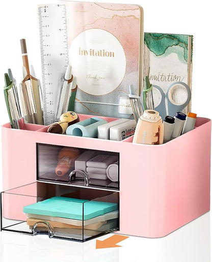 Pencil Pen Holder for Desk,2 Drawer Desk Organizers,5 Compartments Desktop Storage Stationery Supplies Organizer, Cute Pencil Cup Pot For Office, School, Home(Pink)