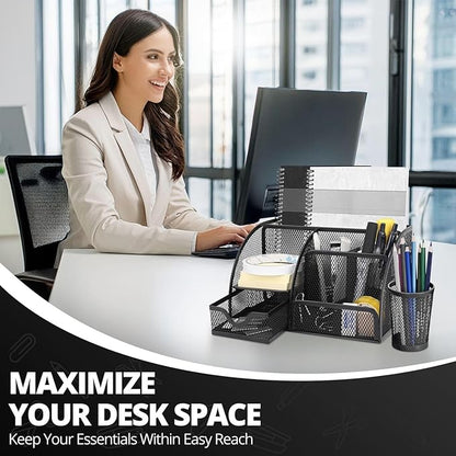 Flexzion Desk Top Caddy Organizer - Black Office Desk Accessories Organizer and Storage - Metal Mesh Desk with 6 Compartments, Drawer and Pen Holder