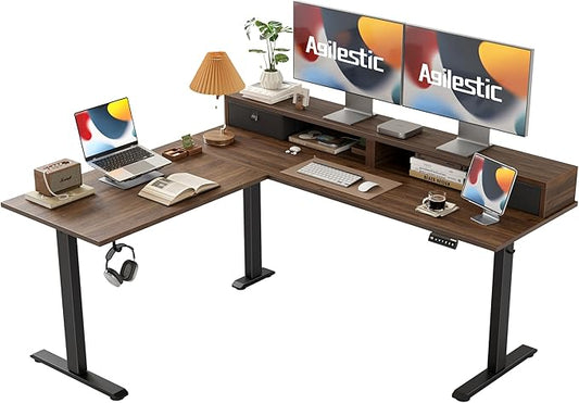 Agilestic 63 x 55 INCH L Shaped Electric Standing Desk with 2 Drawers, Ergonomic Adjustable Height Desk with Storage, Corner Desk Sit Stand up Computer Table for Work Office Home, Dark Wlalnut