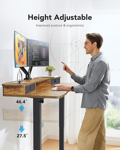 HUANUO 55″ x 26″ Electric Standing Desk with 2 Drawers, C-Clamp Mount Compatible, Height Adjustable Computer Desk, Home Office Stand Up Desk with 4 Preset Heights & 2 Hooks, Vintage Brown