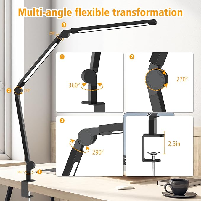 LED Desk Lamp with Clamp,Adjustable Swing Arm Desk Lamps for Home Office,Dimmable Tempering Eye Care Desk Light,Bright Modern Led Table Lamp for Nail Tech Architect,Flexible Tall Task Table Light