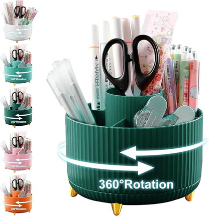 Pencil Holder For Desk,5 Slots 360°Degree Rotating Desk Organizers And Accessories,Desktop Storage Stationery Supplies Organizer, Cute Pencil Cup Pot For Office, School, Home (A-Green)