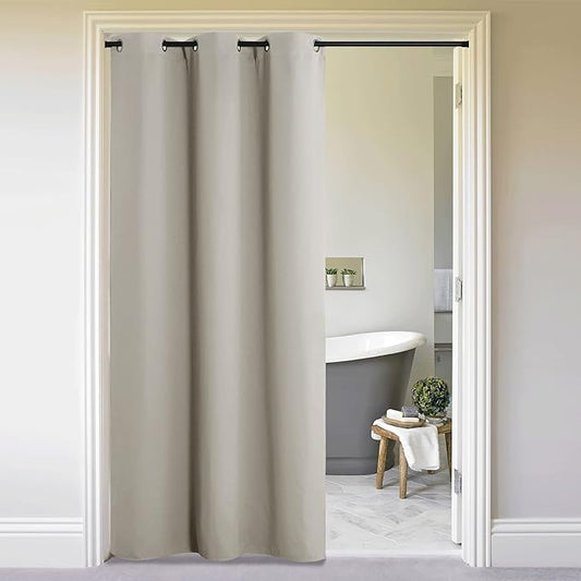 NICETOWN Sliding Door Curtains 96 inch Length, Single Curtain, Insulating Thermal Blackout Curtains for Bedroom Window Bathroom Doorway Front Door (1 Panel, 5ft Wide x 8ft Long, Natural)