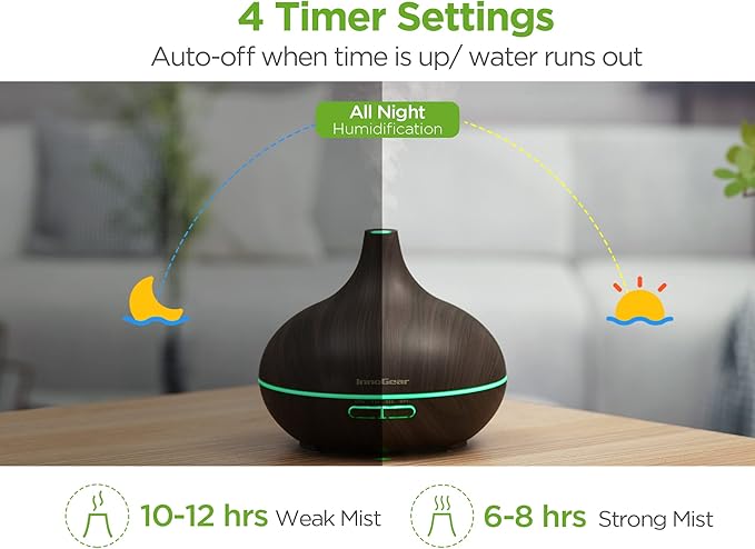 InnoGear Aromatherapy Diffuser & 10 Essential Oils Set, 400ml Diffuser Ultrasonic Diffuser Cool Mist Humidifier with 4 Timers 7 Colors Light Waterless Auto Off for Large Room Office, Dark Wood Grain