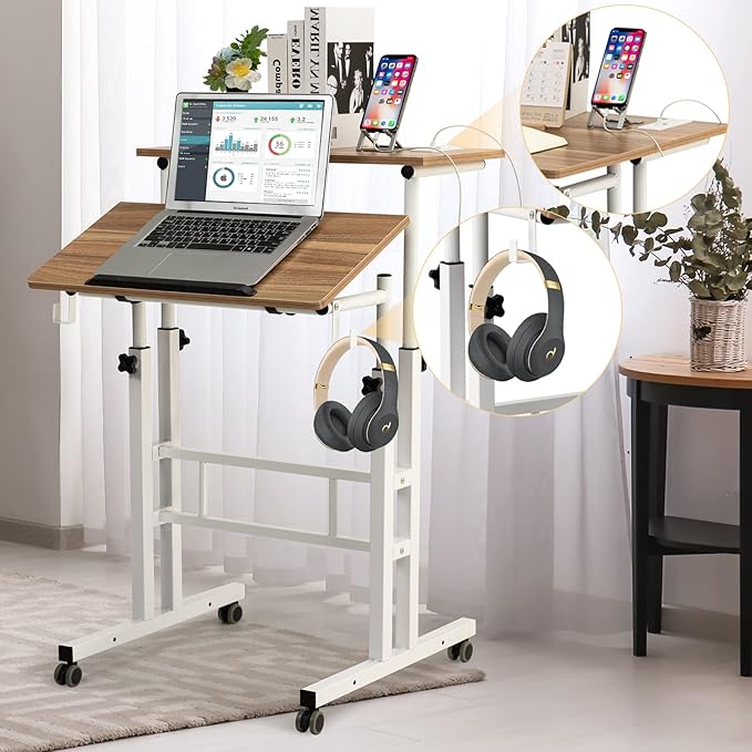 SIDUCAL Mobile Stand Up Desk, Adjustable Laptop Desk with Wheels, Home Office Workstation with USB Ports and Outlets, Rolling Desk Laptop Cart for Standing or Sitting, Vintage Oak