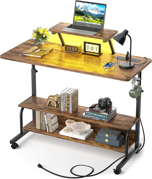 Height Adjustable Standing Desk with Power Outlets and LED Lights - 39" Manual Stand Up Desk with Monitor Stand and Storage Shelves Small Mobile Rolling Computer Desk Portable Laptop Table, Rustic