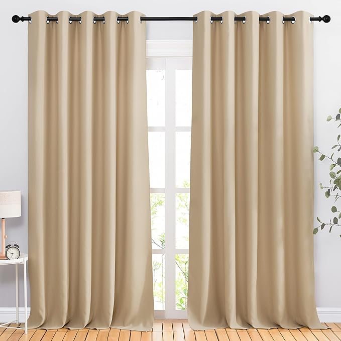 NICETOWN Blackout Draperies Curtains Panels - Window Treatment Thermal Insulated Solid Grommet Blackout Curtains/Panels/Drapes for Bedroom (Biscotti Beige, Set of 2, 66 by 90 Inch)