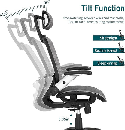 GABRYLLY Ergonomic Office Chair, High Back Home Desk Chair with Headrest, Flip-Up Arms, 90-120° Tilt Lock and Wide Cushion, Big and Tall Mesh Chairs for Man Woman, Grey Task Chair