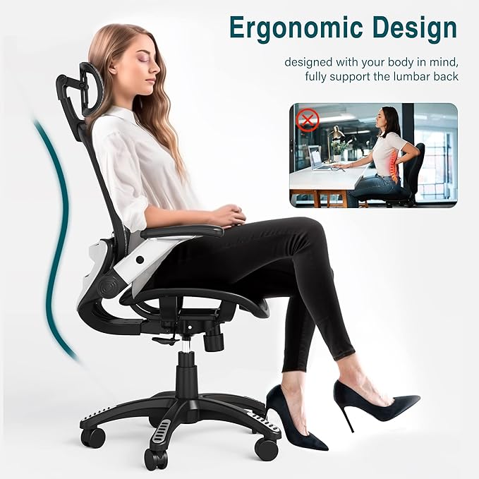 GABRYLLY Ergonomic Office Chair, High Back Home Desk Chair with Headrest, Flip-Up Arms, 90-120° Tilt Lock and Wide Cushion, Big and Tall Mesh Chairs for Man Woman, Grey Task Chair