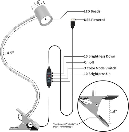 Dott Arts Desk Lamp,USB Clip On Light with 3 Color Modes,LED 10 Levels Brightness Reading Lamp, 360°Gooseneck Book Light,Eye-Care Reading Light for Home Office,Headboards Grey
