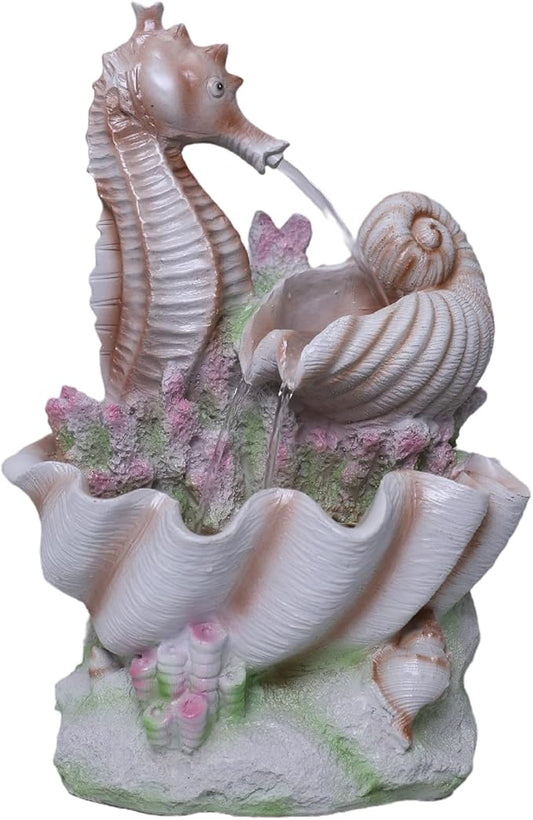 Ferrisland Tabletop Fountain Indoor, White Pink Resin Seahorse and Shell Waterfall Fountain with LED Lights and Adjustable Water Pump, 15.5" Tall Waterfall Fountain for Office and Home Decoration