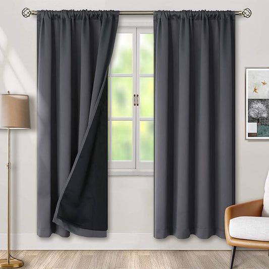 BGment Thermal Insulated 100% Blackout Curtains for Bedroom with Black Liner, Double Layer Full Room Darkening Noise Reducing Rod Pocket Curtain (52 x 72 Inch, Dark Grey, 2 Panels)