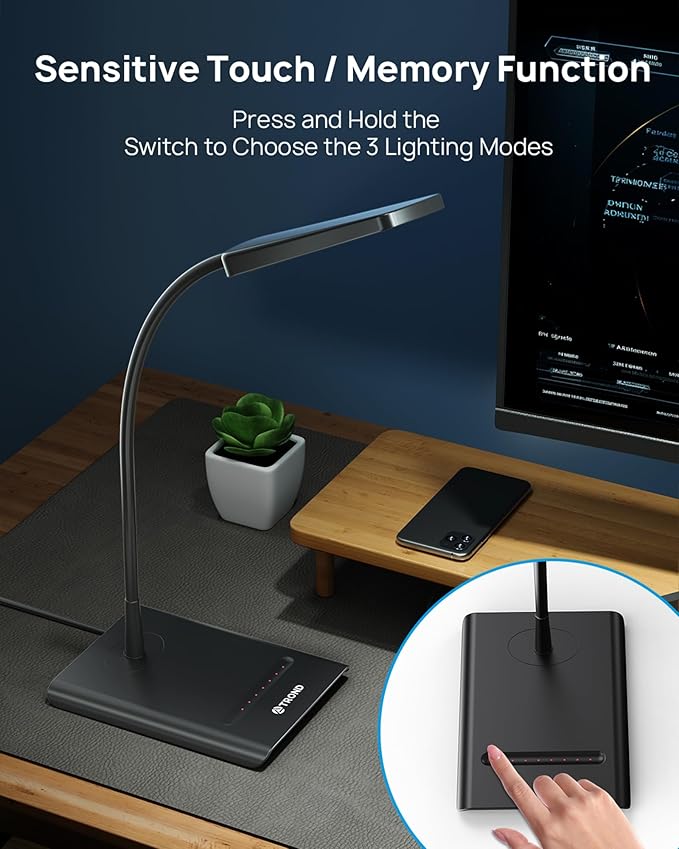 TROND Desk Lamp, Bright Dimmable Eye-Caring Table Lamp, 3 Color Modes 7 Brightness Levels, Flexible Gooseneck, Touch Control, Memory Function, Desk Light for Home Office Dorm Room Essentials