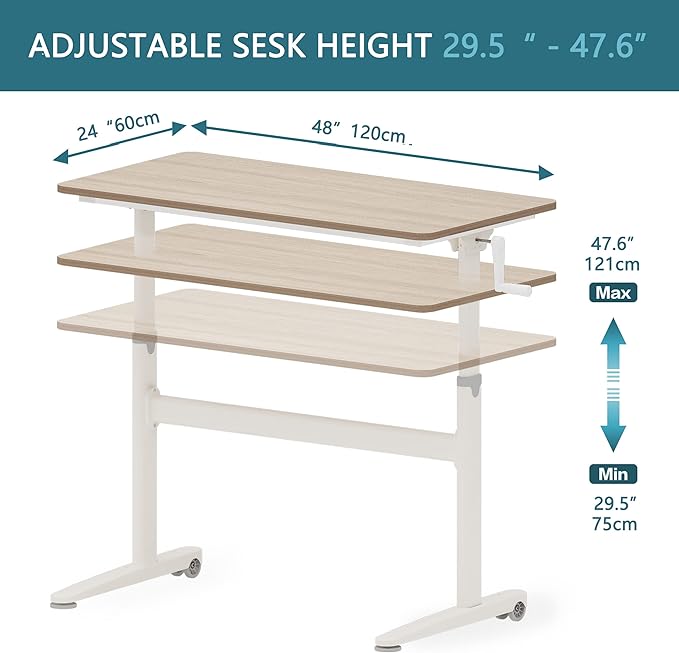 Manual Standing Desk Adjustable Height- Crank Mobile Standing Desk 48 x 24 Inches Sit Stand Desk Frame & Top, Stand Up Desk on Wheels, Computer Desk White Frame & Maple