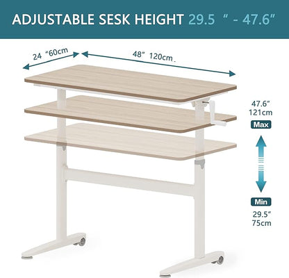 Manual Standing Desk Adjustable Height- Crank Mobile Standing Desk 48 x 24 Inches Sit Stand Desk Frame & Top, Stand Up Desk on Wheels, Computer Desk White Frame & Maple