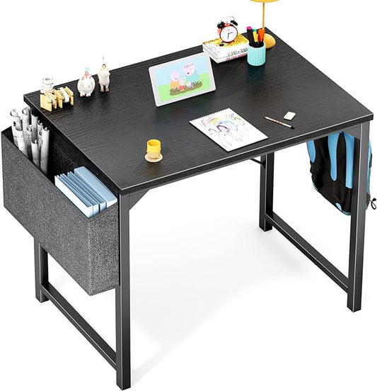 OLIXIS Small Computer Desk 32 Inch Home Office Work Study Writing Student Kids Bedroom Wood Modern Simple Table with Storage Bag & Headphone Hooks, Black