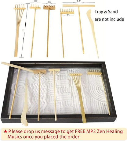 Mini Zen Garden Rake Tool - Tabletop Meditation Rock Sand Garden Kits with Moss Rakes Brusher Spoon Figurines Holder