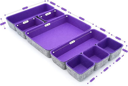 Welaxy desk drawer organizers tray dividers small shallow felt storage box sturdy soft bin for office suppliers entryway catchall key holder makeup crafts pens decluttering 8-piece (Purple)