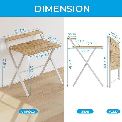 GreenForest Folding Desk No Assembly Required Small Size, 2-Tier Foldable Computer Desk with Shelf for Home Office, Space Saving Portable Laptop Study Foldable Table for Small Spaces, Oak