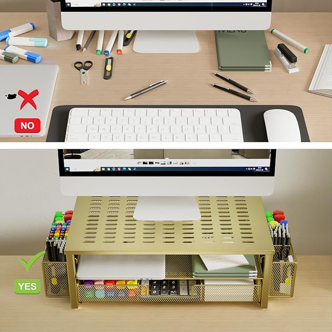 gianotter Monitor Stand with Drawer and Pen Holder, Desk Organizers and Accessories, 2-Tier Monitor Riser, Ideal for Office Supplies Desk Accessories(Gold)