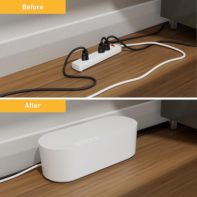 D-Line Cable Management Box, Power Strip Holder, Floor Outlet Hider, Desk Cord Organizer, Cover TV Wires, 12.75" (L) x 5" (W) x 4.5" (H), for use with Power Strips up to 10.5in Length - Small, White