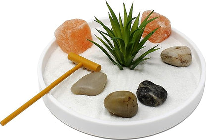 Nature's Mark Mini Zen Garden Kit for Desk with White Sand, Rake, White Base, Salt Rock and Air Plant (Round)