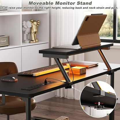 Height Adjustable Standing Desk with Power Outlets and LED Lights - 39" Manual Stand Up Desk with Monitor Stand and Storage Shelves Small Mobile Rolling Computer Desk Portable Laptop Table, Black