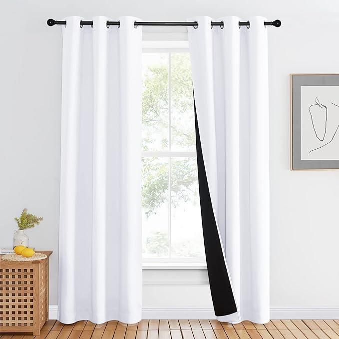 NICETOWN 100% Blackout Window Curtain Panel, Cold and Full Light Blocking Drape with Black Liner for Nursery, 84 inches Drop Thermal Insulated Draperies (White, 1 Piece, 42 inches Wide Each Panel)