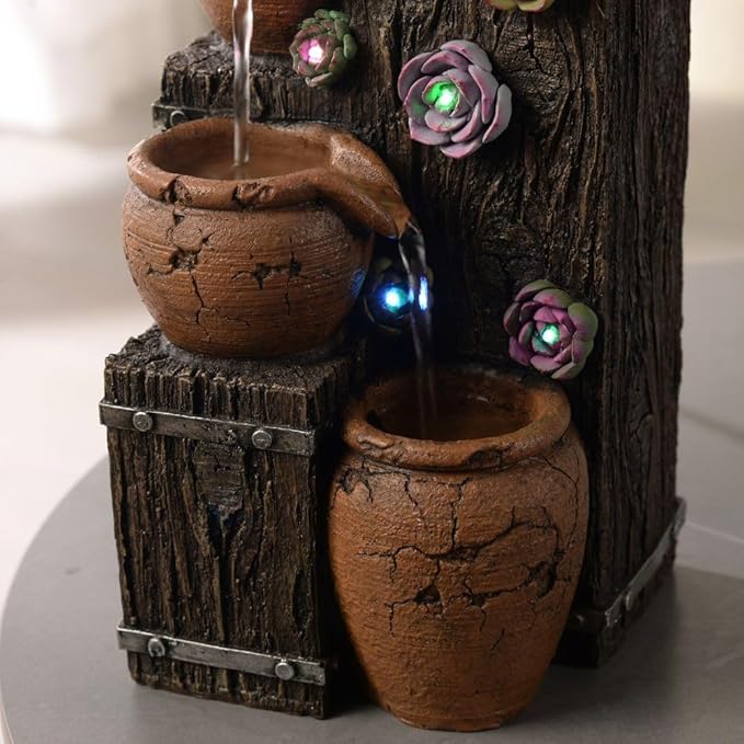 Tabletop Water Fountain,Woodgrain Succulent Growing Fountain with 5 LED Color Changing Lights， Meditation Desk Water Decorative Home Decor，Office Decor or House Warming Gifts New Home