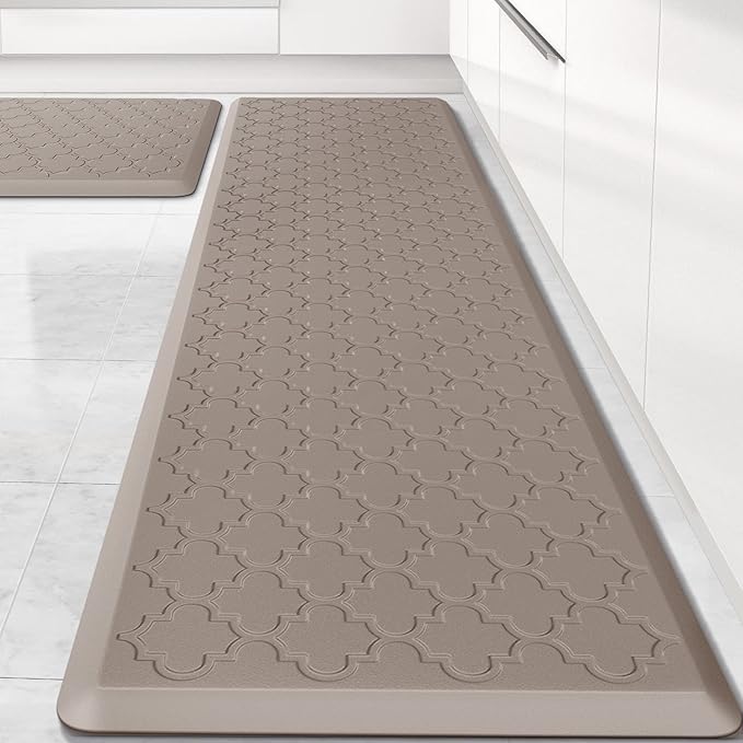 Kitchen Mat [2 PCS] Cushioned Anti-Fatigue Floor Mat, Waterproof Non-Skid Kitchen Mats and Rugs, Ergonomic Comfort Foam Kitchen Rugs, Standing Mat for Floor,Office, Sink(Khaki,17.3"x28"+17.3"x60")