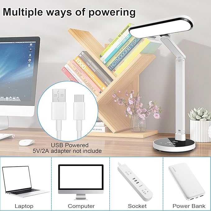 Miady LED Desk Lamp Stepless Dimming Table Lamp for Office Home, 6 Lighting Brightness Levels with Adjustable Arm, 15/30/45 Minutes Auto-Off Timer, Eye-Caring Reading Lamp for Table Bedroom Study