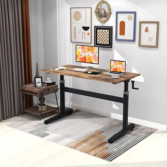 Manual Standing Desk Adjustable Height- Crank Mobile Standing Desk 55 x 24 Inches Sit Stand Desk Frame & Top, Stand Up Desk on Wheels, Computer Desk Black Frame & Rustic Brown