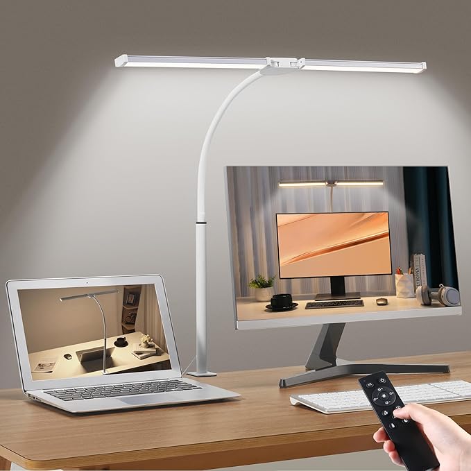 Led Desk Lamp for Home Office, Eye-Care Architect Light with Clamp, Smart Double Head Computer Monitor Table Clip Lamp, Adjustable Flexible Gooseneck, 25 Lighting Models, Task lamp, White and Sliver