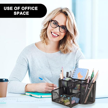 Mesh Desk Organizer Desktop Office Supplies Multi-functional Caddy Pen Holder Stationery with 8 Compartments and 1 Drawer for Office, Home, School, Classroom (Black)