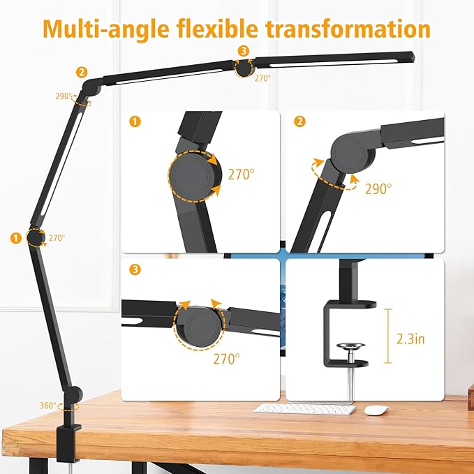 LED Desk Lamp with Clamp,Adjustable Swing Arm Desk Lamps for Home Office,Dimmable Tempering Eye Care Desk Light.Bright Modern Led Table Lamp for Nail Tech Architect.FlexibleTall Task Table Light