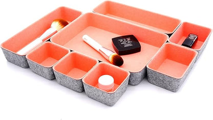 Welaxy desk drawer organizers bin trays dividers small shallow felt storage box sturdy office suppliers makeup crafts pens decluttering 8-piece gifts for women (Coral)