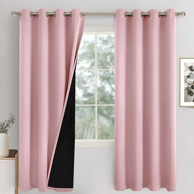 Baby Pink Blackout Curtains for Girls Bedroom 72 Inch Length 2 Panels Set, Thermal Insulated 100% Light Blocking Soundproof Grommet Window Curtains for Nursery with Liner, Each 52 Inch Wide