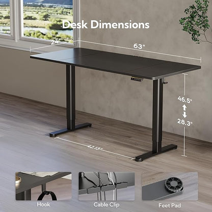 Electric Standing Desk, Adjustable Height Stand up Desk, 63x24 Inches Sit Stand Home Office Desk with Splice Board, Black Frame/Black Top