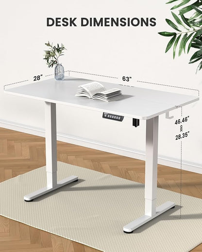 ErGear Height Adjustable Electric Standing Desk, 63 x 28 Inches Sit Stand up Desk, Memory Computer Home Office Desk (White)