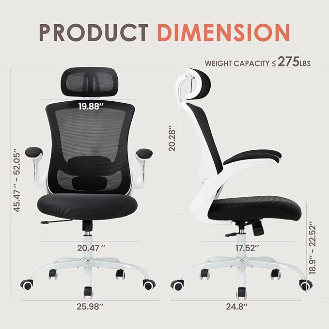 Ergonomic Mesh Office Chair, High Back Executive Desk Chair with Adjustable Headrest and Lumbar Support, Flip-Up Arms, Rocking, Swivel Rolling Computer Mesh Chair for Home Office-Black