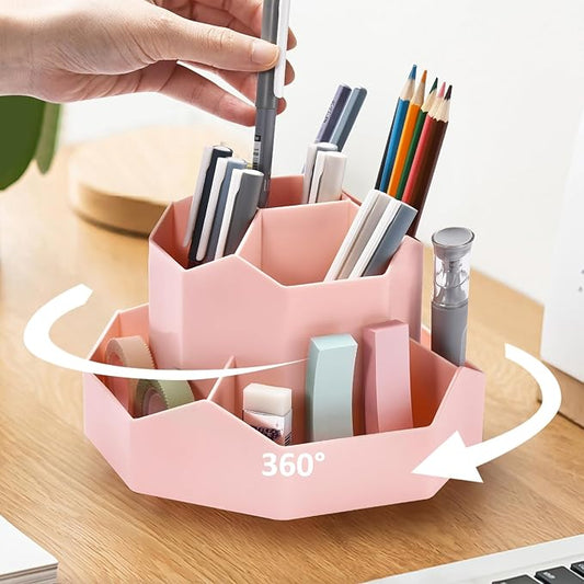 Pencil Pen Holder for Desk, 9 Slots 360 Degree Rotating Desk Organizer, Cute Pen Organizers Stationery Supplies for Office Home & Art Supply (Pink)