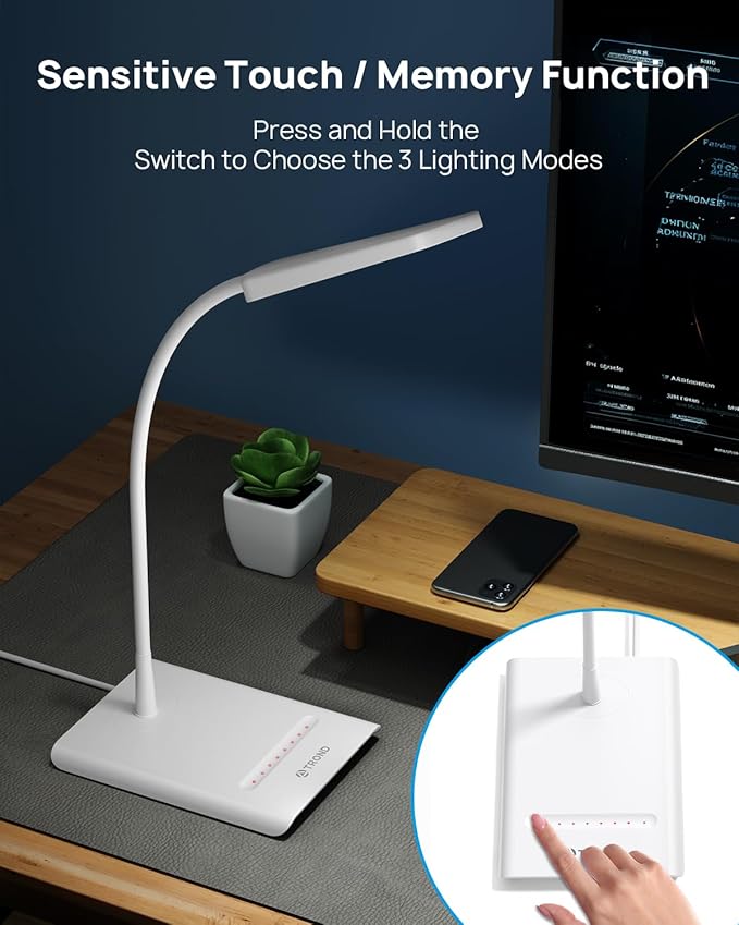 TROND Desk Lamp, Bright Dimmable Eye-Caring Table Lamp, 3 Color Modes 7 Brightness Levels, Flexible Gooseneck, Touch Control, Memory Function, Desk Light for Home Office Dorm Room Essentials