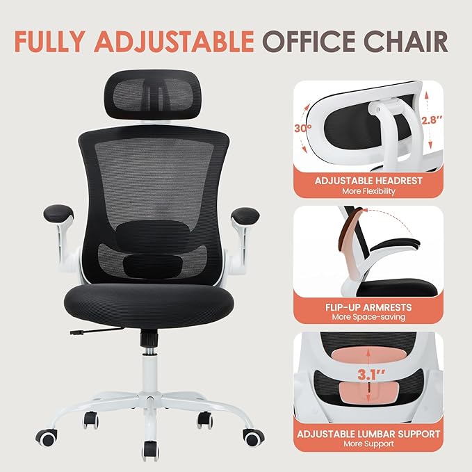 Ergonomic Mesh Office Chair, High Back Executive Desk Chair with Adjustable Headrest and Lumbar Support, Flip-Up Arms, Rocking, Swivel Rolling Computer Mesh Chair for Home Office-Black