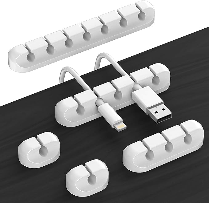 Cord Organizer Cable Management for Desk - 5 Packs White Clips and Cord Keeper, The White Self-Adhesive Holder are Easy to Apply and Stops Wire Getting Dirty