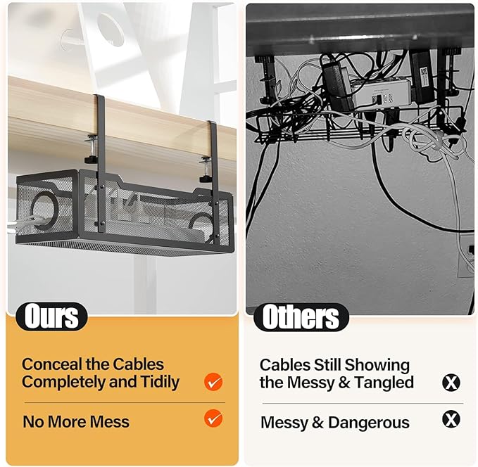 2 Pack Under Desk Cable Management Box Black, Cinati Cable Management Under Desk No Drill, Cable Tray with Clamp for Desk Wire Management,Desk Cable Management for Office, Home - No Damage to Desk