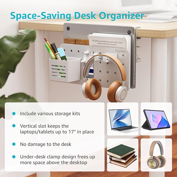 Desk Side Storage Organizer, No Drill Under Desk Laptop Holder, Clamp on Desk Shelf with Pegboard Accessories, Hanging Laptop Mount, Fits Flat Edge Desks 0.4" to 2.2", White