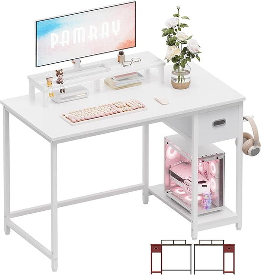 Pamray 39 Inch Computer Desk with Monitor Stand Small Home Office Desks with Non-Woven Storage Drawer for Bedroom Study Table Writing and Work Desk White,White Leg