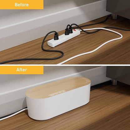 D-Line Cable Management Box, Power Strip Holder, Floor Outlet Hiders, Desk Cord Organizer, Cover TV Wires, Wire Storage, Extension Hider, Office Concealer for Cords - Small, Wood-Effect Lid